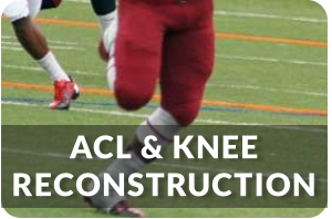 A football player in uniform is running on a football field. Title reads: ACL and Knee Reconstruction