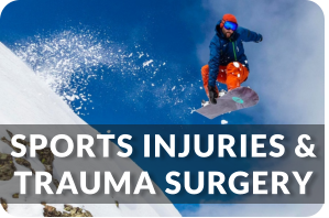 A snowboarder does a trick jump on a high mountain. Title reads: Sports Injuries and Trauma Surgery