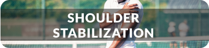A young man stands on a tennis court holding a tennis racquet in one hand. His other hand is holding his shoulder and grimacing in pain. Title reads: Shoudler Stabilization
